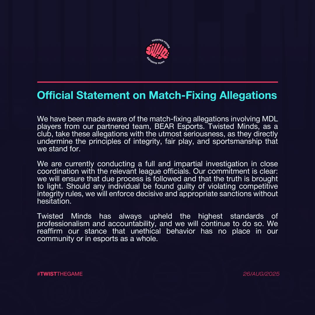 Twisted Minds Official Statement on Match Fixing Allegations