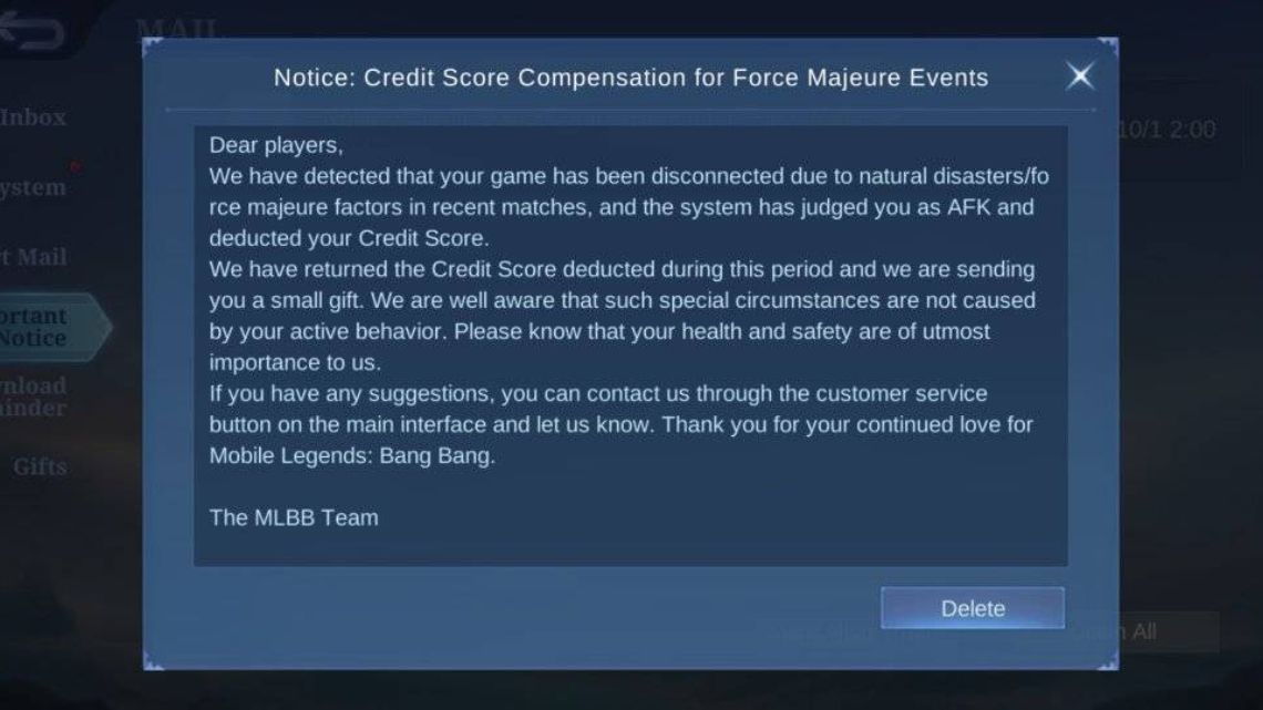 An in-game notice sent to MLBB players affected by the September 30 Cebu earthquake