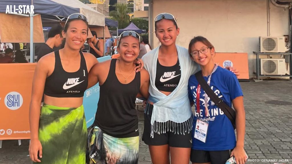 Gena Hora and Liz Lomocso representing Ateneo in UAAP Season 87 beach volleyball