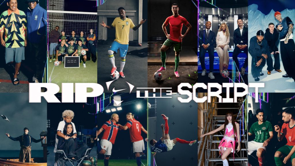 Promotional collage for Nike Football's "Rip the Script" campaign featuring football stars, celebrities, and cultural figures celebrating creativity, instinct, and self-expression in the game.