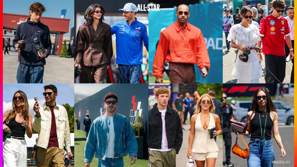 Collage showcasing the best Formula 1 paddock fashion looks of the 2026 season, featuring Lewis Hamilton, Charles Leclerc, Pierre Gasly, Kimi Antonelli, and their partners in stylish race weekend outfits.