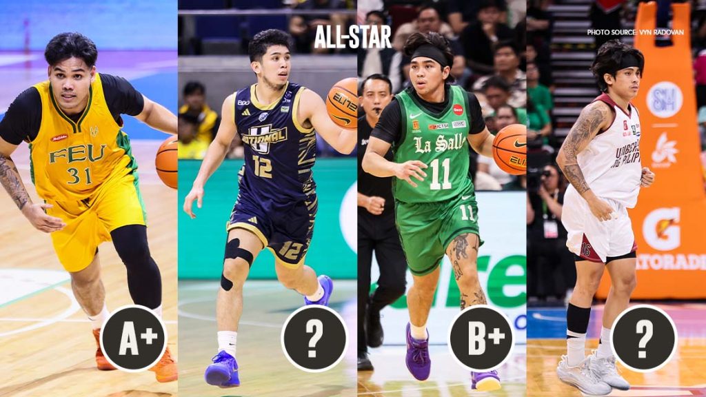 Kirby Mongcopa of FEU, Reinhard Jumamoy of NU, Jacob Cortez of DLSU, Rey Remogat of UP and their team's season grades